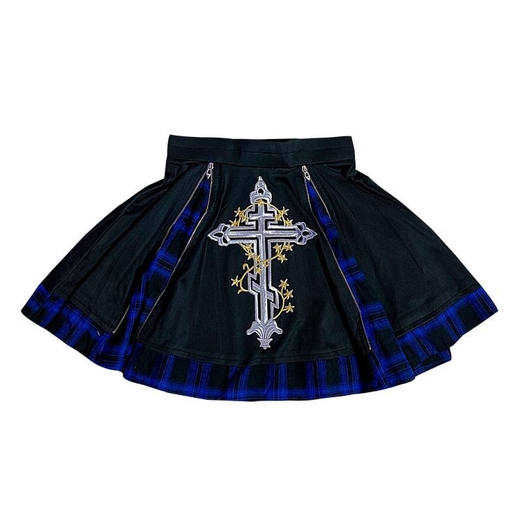 Cross Embroidery Zipper Plaid Skirt - Modakawa modakawa