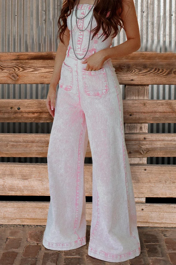 Retro Washed Tube Top Wide Leg Denim Jumpsuit
