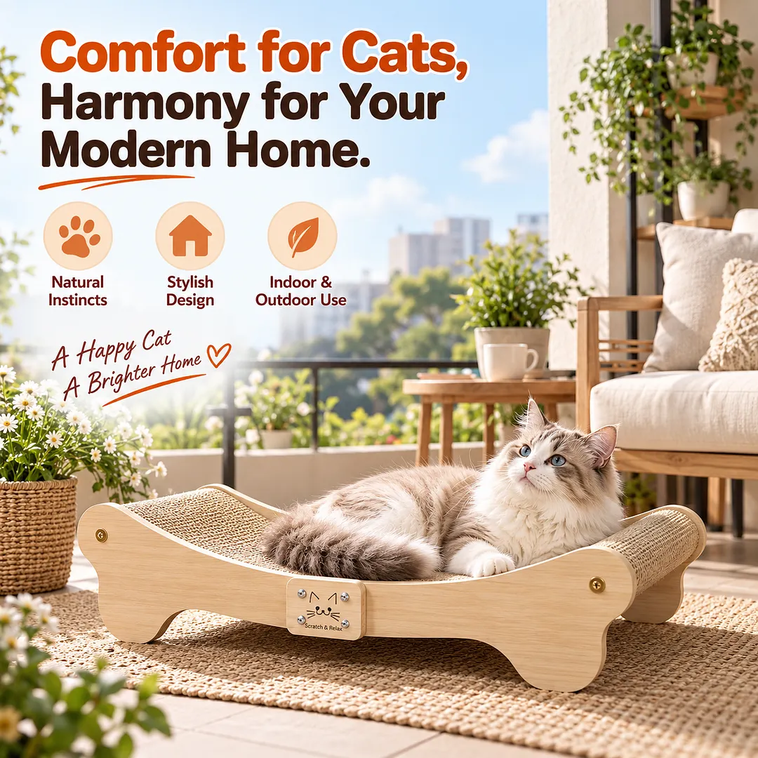 BEBANG Cat Scratcher for Indoor Cats, Curved Natural Sisal Cat Scratching Board with Solid Wood Frame, 2-in-1 Cat Scratcher Bed & Lounge for Large Cats, 23.6 Inch