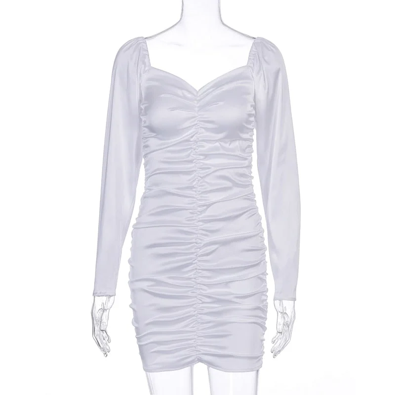 Hugcitar 2021 Long Puff Sleeve Slash Neck Satin Pleated Sexy Mini Dress Autumn Winter Women Solid Party Elegant Streetwear Outfi