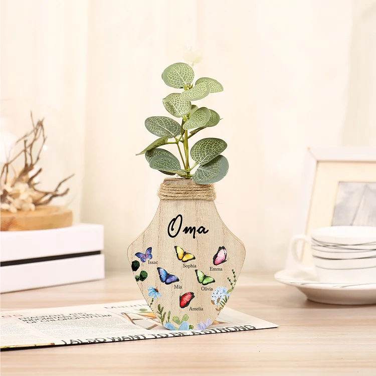 Kettenmachen Holz Personalisierter 6 Namen & Text Bunt Schmetterling & Blumen Familie Vase
