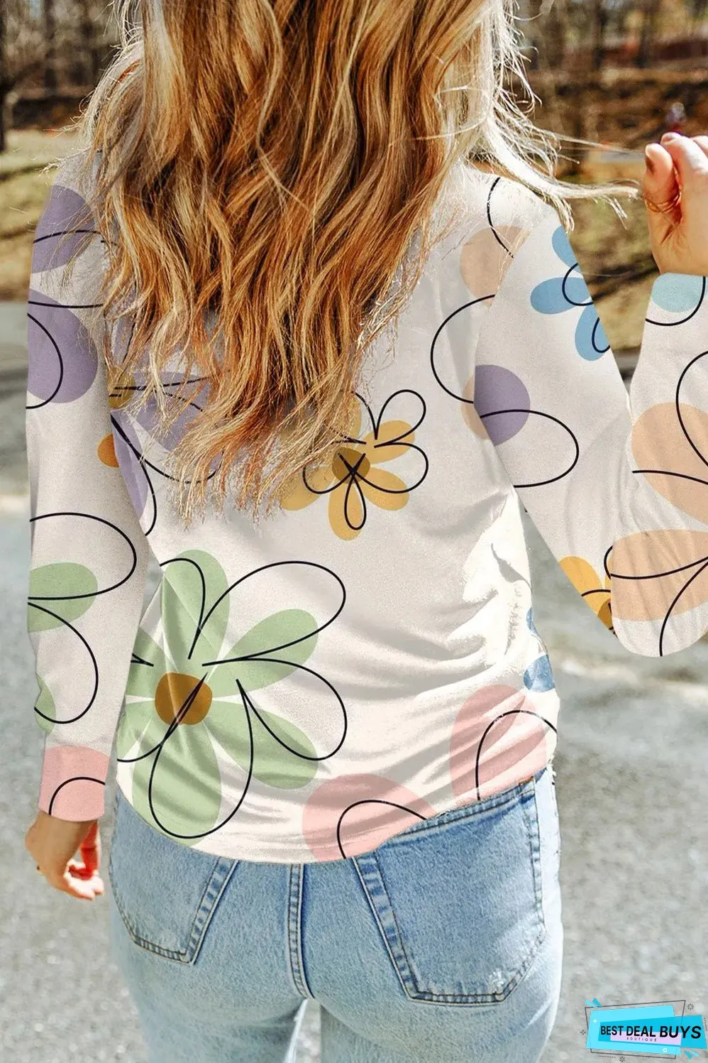 Beige Flower Print Crew Neck Long Sleeve T Shirt