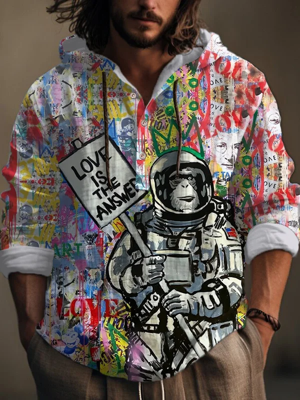 Men's Astronaut Monkey Love is the Answer Doodle Art Print Hooded Shirt