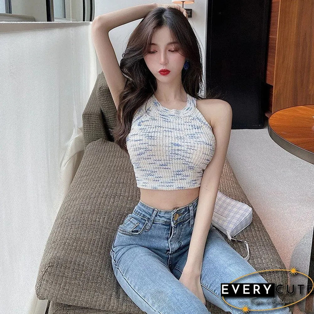 Summer Color Halter Knit Vest Short Outer Wear Slim Sexy Y2K Top Tight-Fitting High Waist