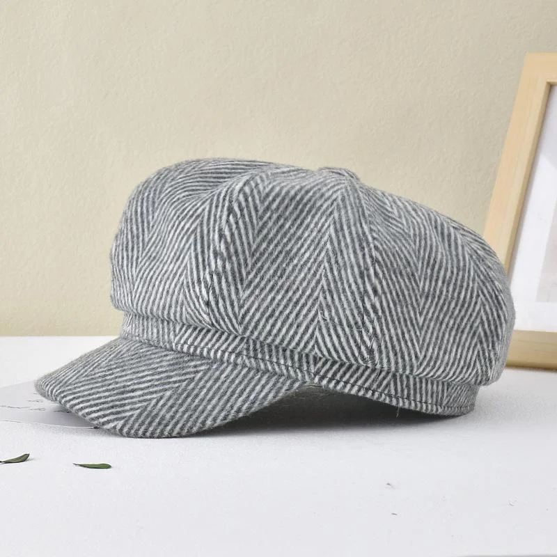 Women's Beret Hats Vintage Stripe Wide Brim Wool Newsboy Hats