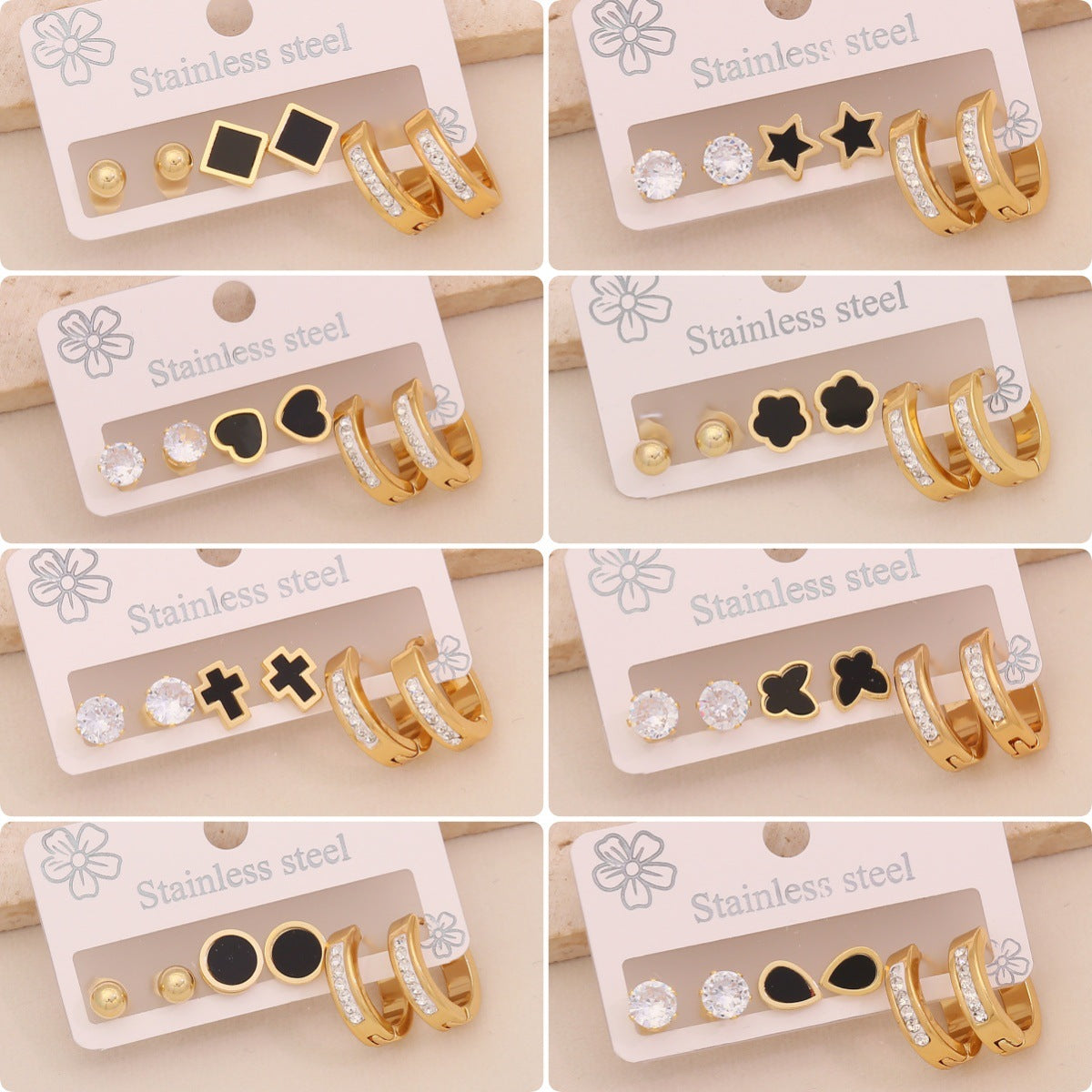 3 Pairs Of Love Flower Stainless Steel Earrings Geometric Square Water Drop Earrings E613