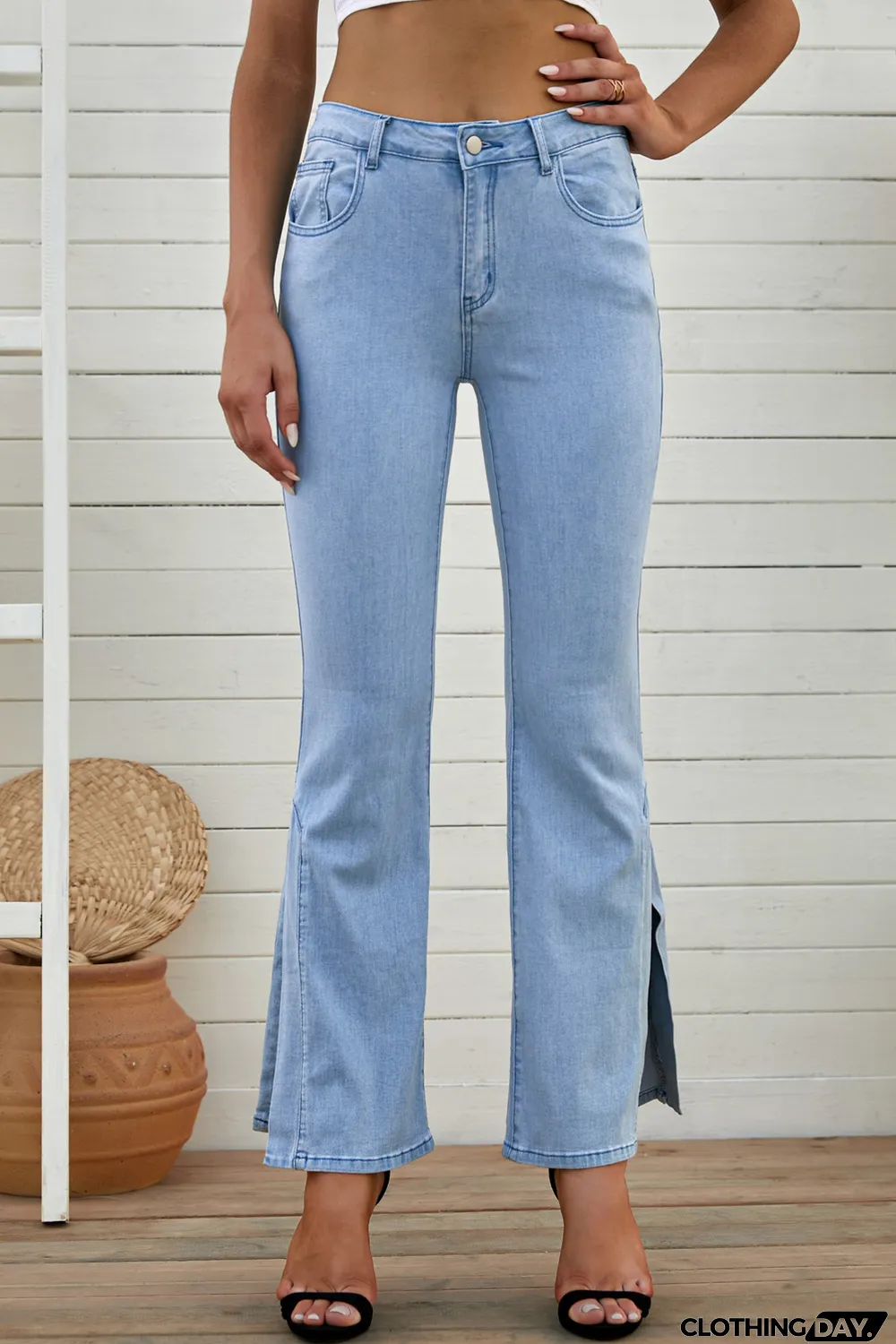Sky Blue Wide Leg Split Hemline Flared Jeans