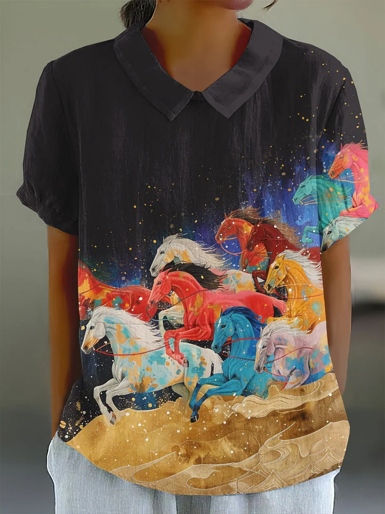 Horse Art Print Short Sleeve Casual T-Shirt