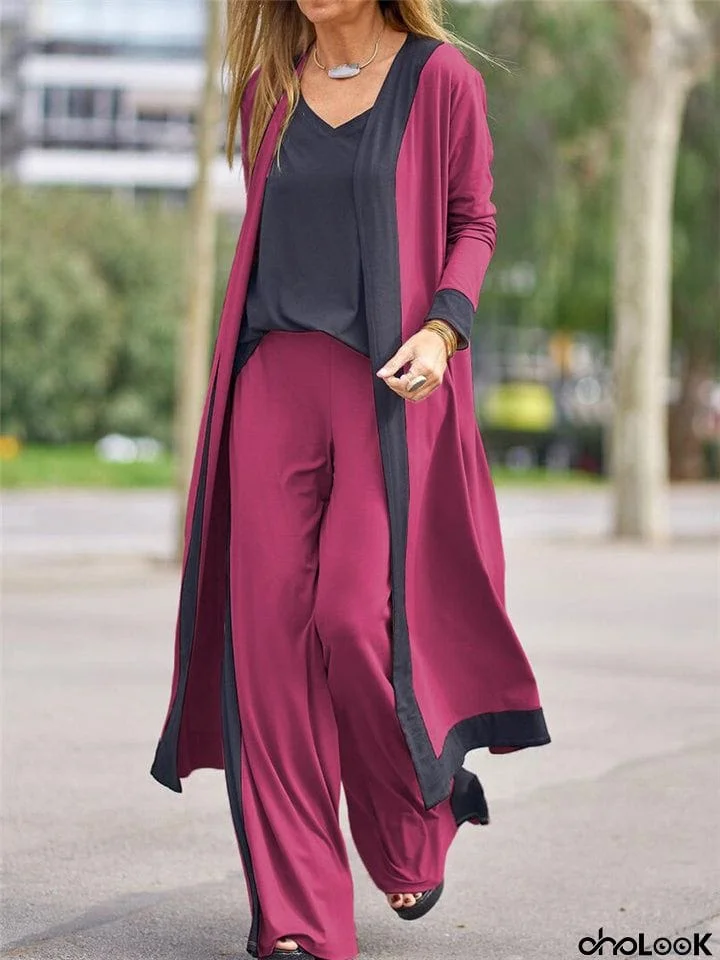 3-Piece Colorblock Lightweight Vest Open Front Jacket Wide-Leg Pants