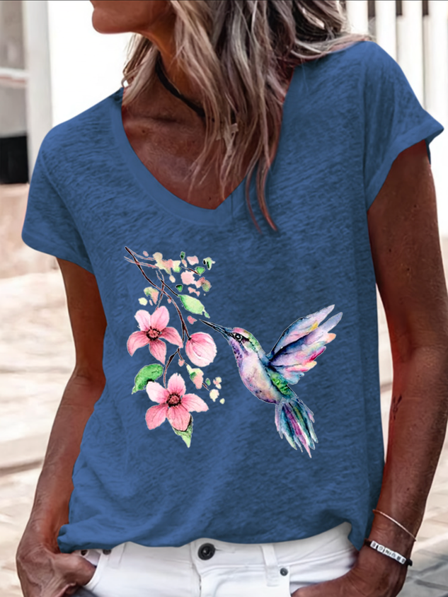 Women's Hummingbird Watercolor Nature Bird Lover V Neck Casual Regular Fit T-Shirt socialshop