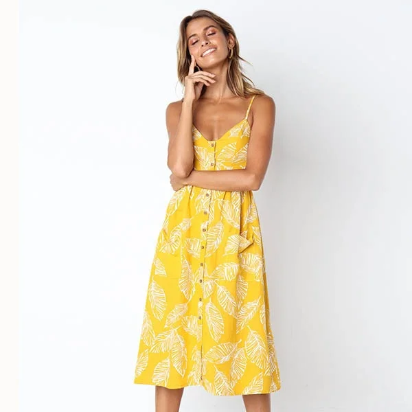 Casual Vintage Sundress Female Beach Dress Midi Button Backless Polka Dot Striped Women Dress Summer 2020Sexy Strap Floral Dress