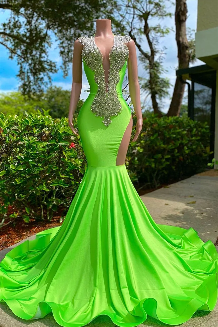 green emerald velvet dress Lime Green Sequin Plunging Neck Designer Mermaid Prom Dress main image 0