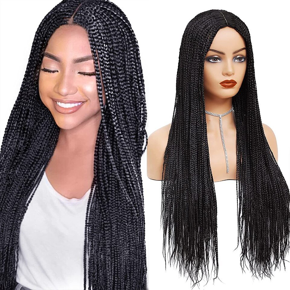 Braid Wig Synthetic Hair Long Straight Braided Wigs For Black Women Fully Machine Made Twist Braids Wig Glueless Crochet Box Wig US Mall Lifes
