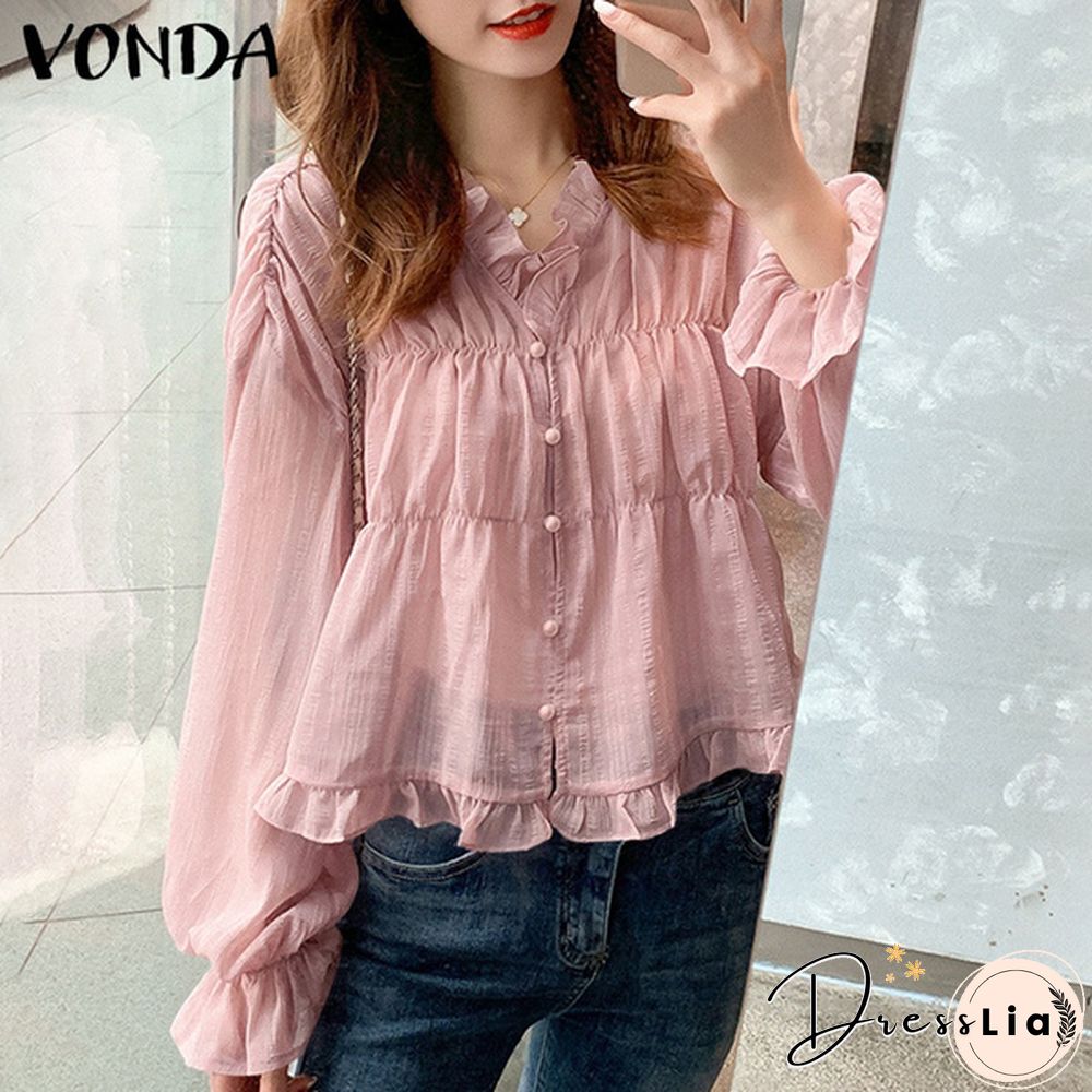 Women Elegant V Neck Flare Sleeve Button Up Shirts Blouse S-5XL Solid Color Pleated Ruffled Hem Lace Tops