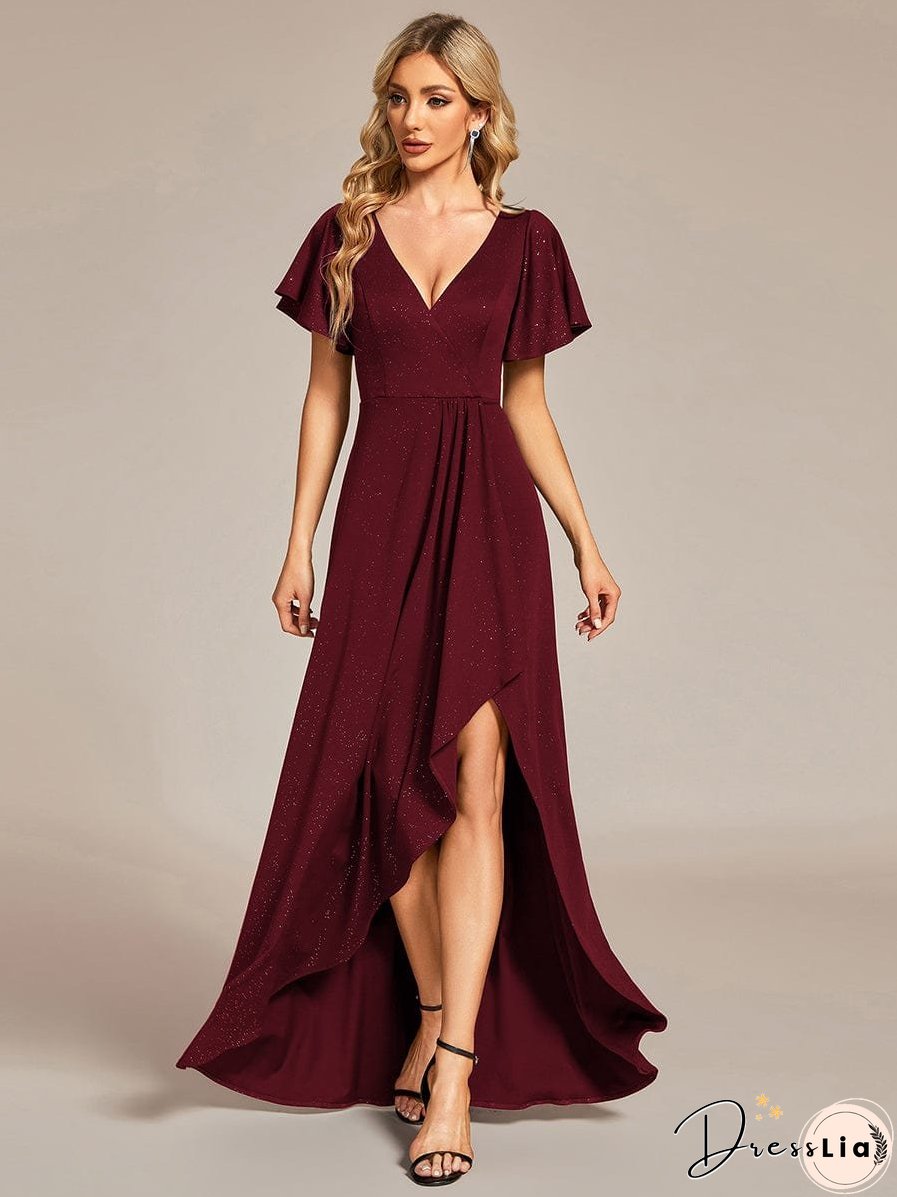 Ruffled Sleeve Tea Length Evening Dress with Side Split