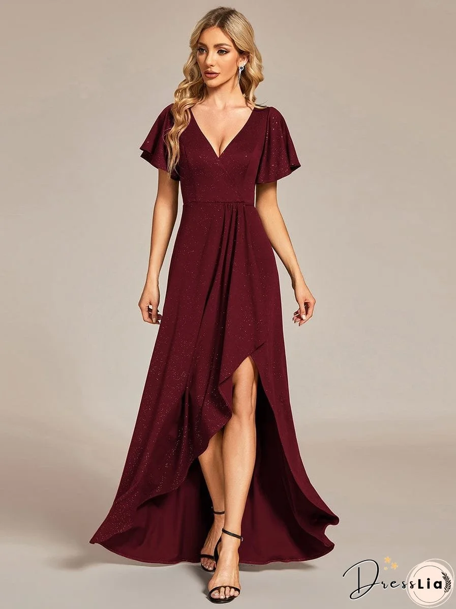 Ruffled Sleeve Tea Length Evening Dress with Side Split