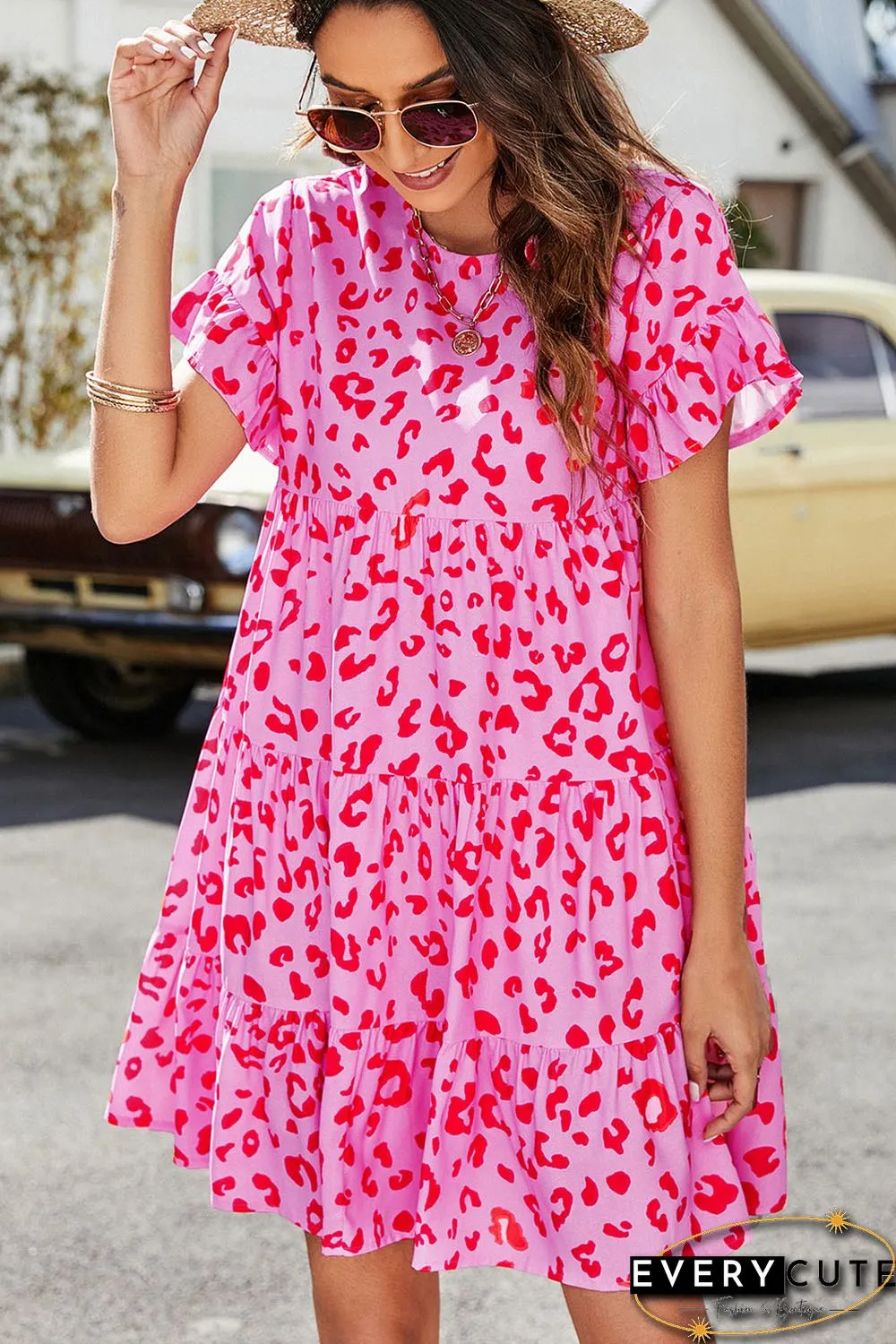 Pink Leopard Print Ruffle Short Sleeve Tiered Dress