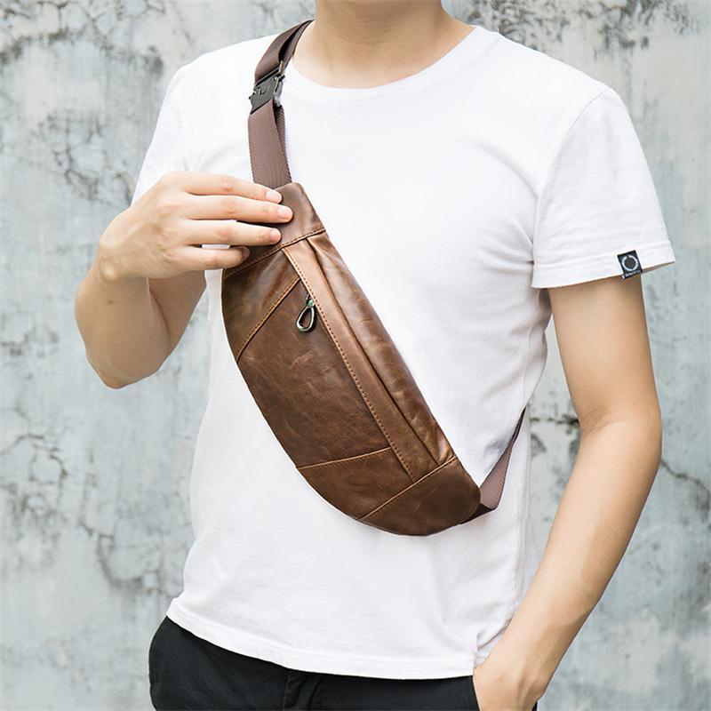 Soft Genuine Leather Adjustable Strap Earphone Jack Multi-Pocket Chest Bag