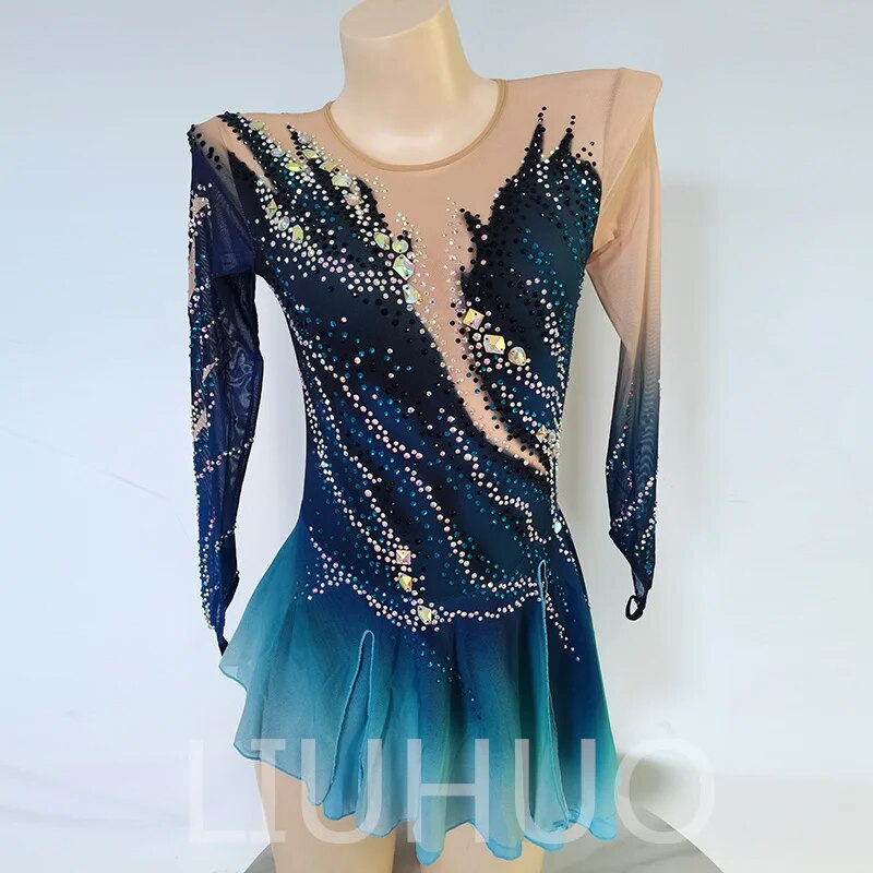 Figure Skating Dress Girls Competition Costumes Crystals Child Longsleeves Performance Wear Rhythmic Leotard