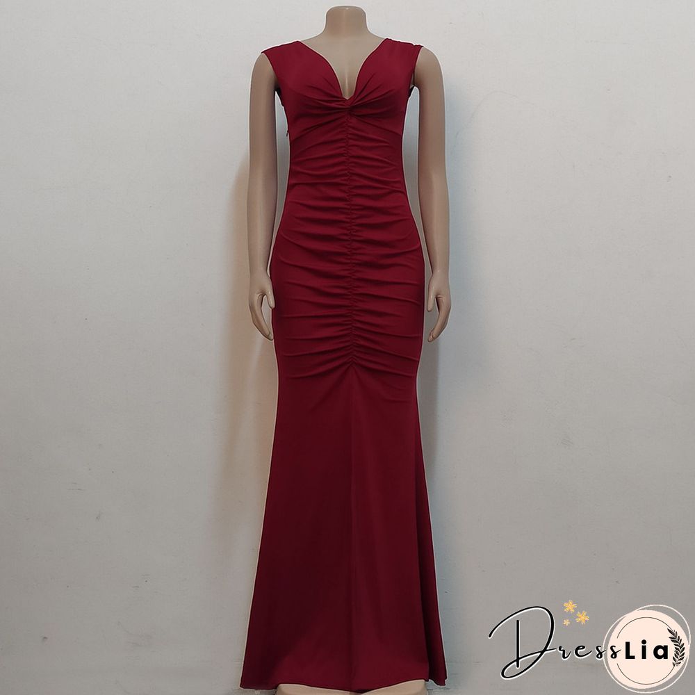 Low Cut Slash Neck Ruched Split Maxi Cocktail Dresses