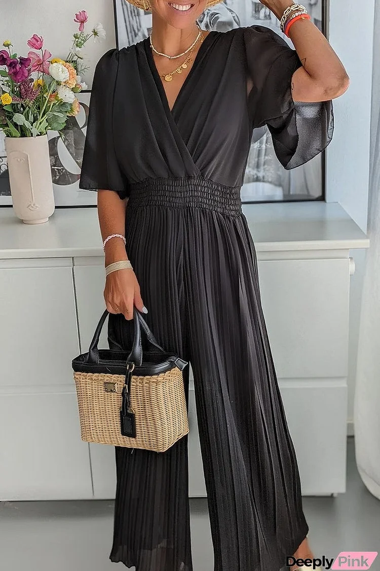 Casual Solid Fold V Neck Loose Jumpsuits