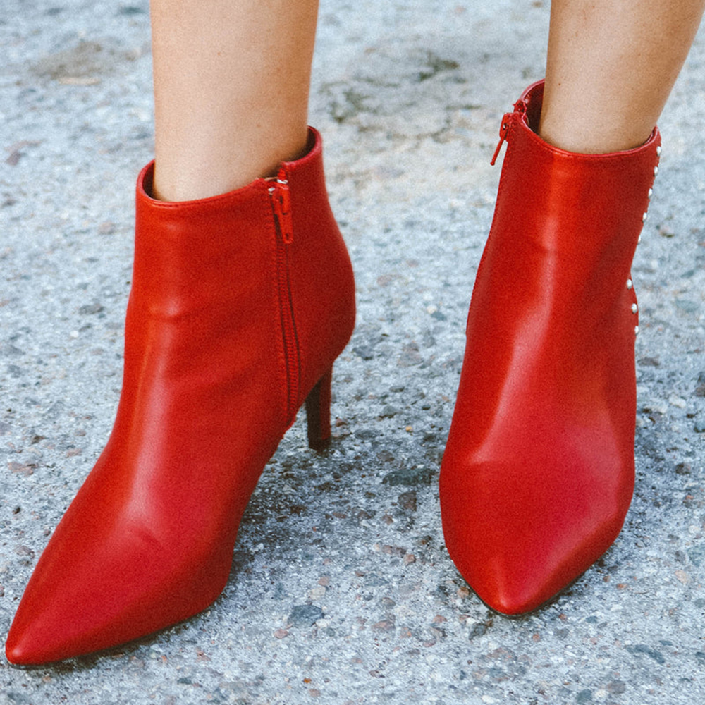 Red Vegan Leather Closed Toe Stiletto Heel Ankle Boots for Winter Nicepairs