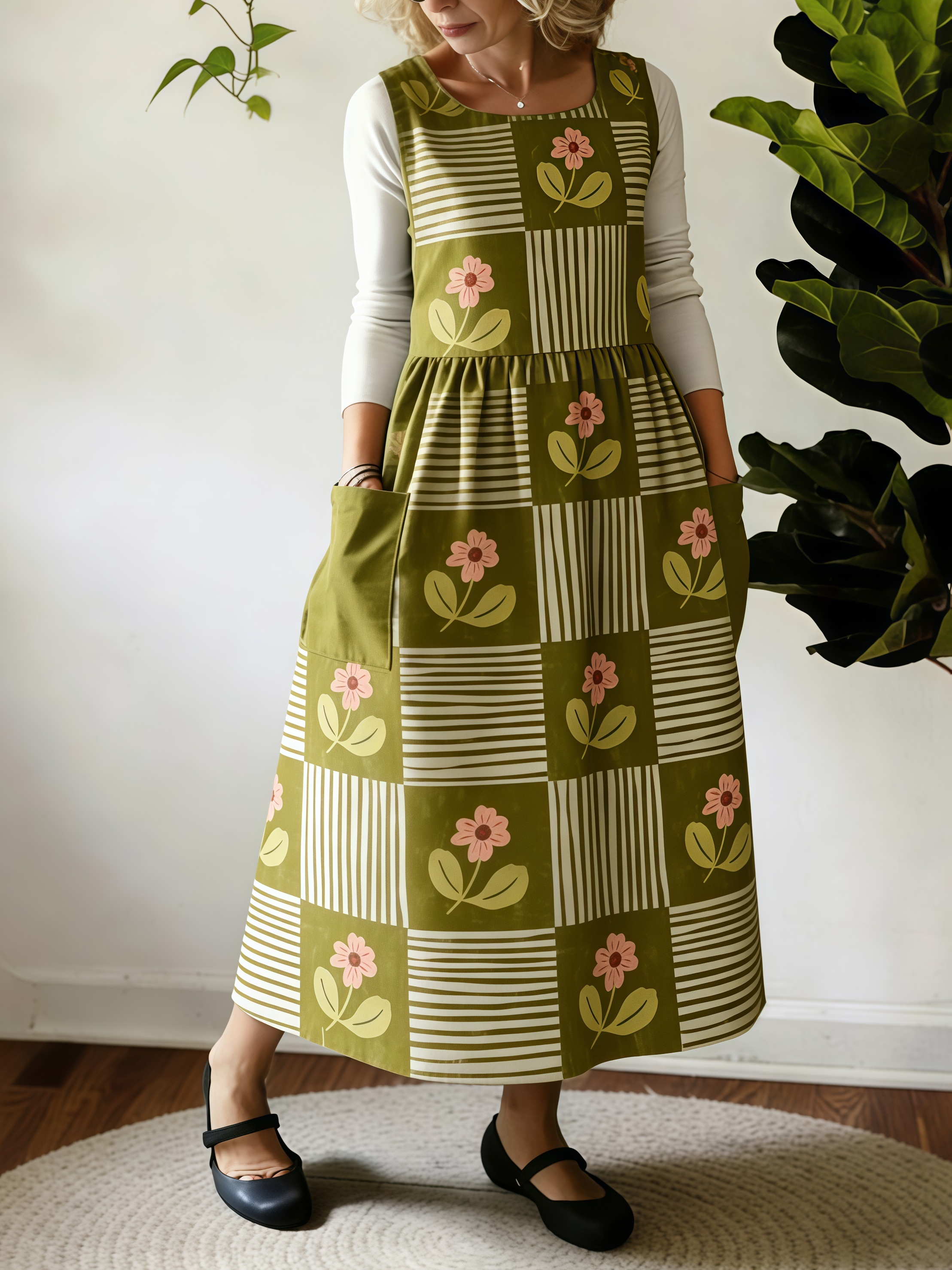 Green Check Floral Classic Apron
