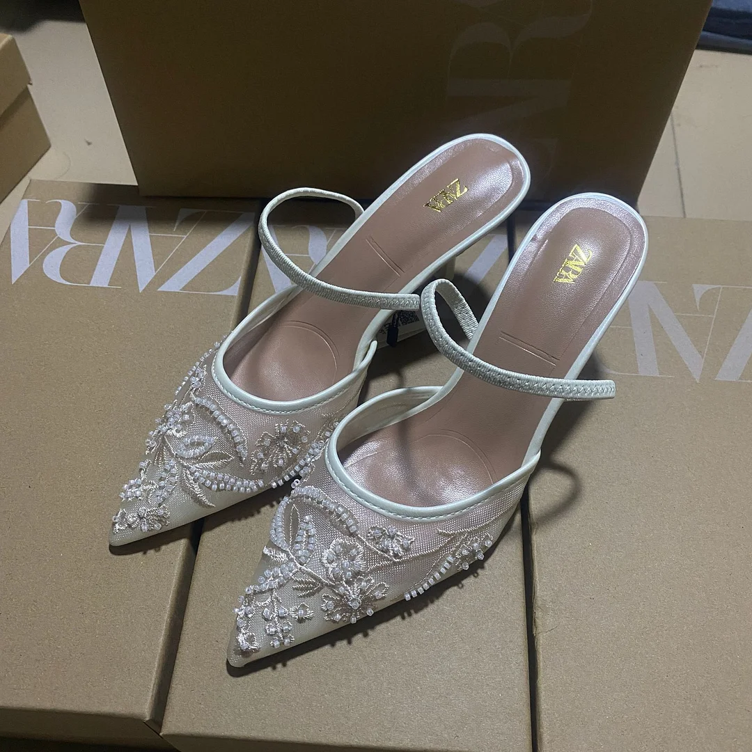 Breakj Breakj Spring New Pointed Thin-Heeled Mesh Buns High Heels Women's Lace Fragrant Wind Wear