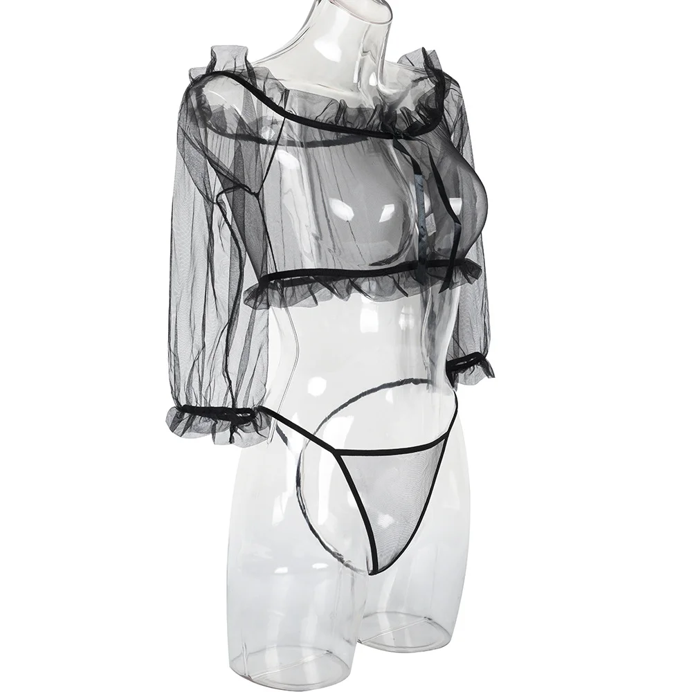 Billionm Mesh Sheer Lingerie Set Women Half Length Sleeve Top and Low Waist Thong G String Briefs See Through Open Cup Sexy Bra and Panty