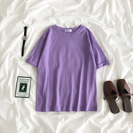 Summer Tee Shirt Solid Color Basic T-Shirt Women Casual O-neck Harajuku Top Korean Hipster Cotton Basic Tshirt