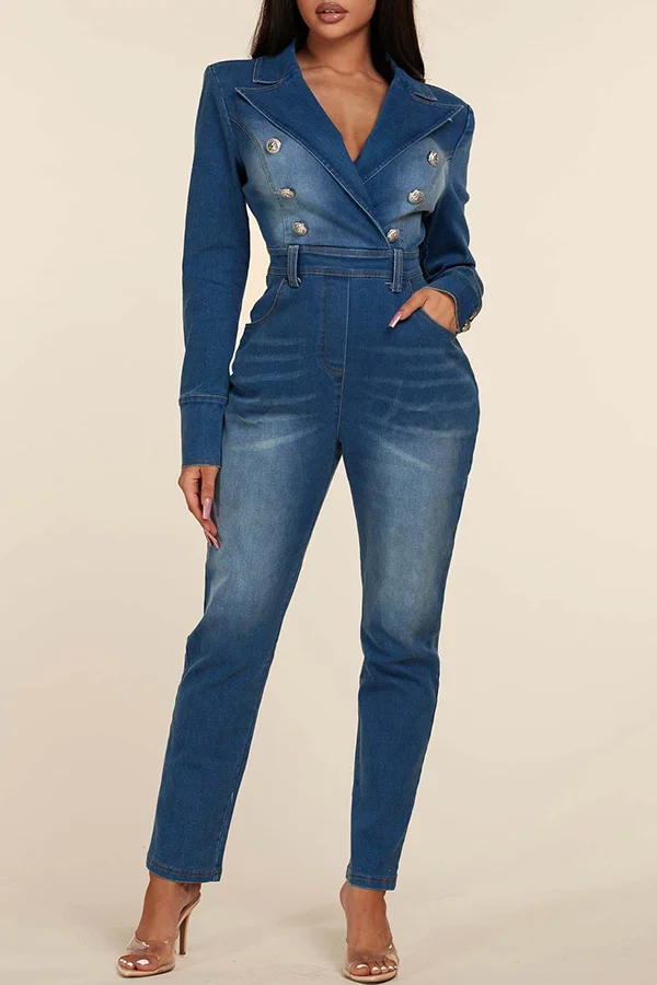 Casual Suit Collar Double-breasted Button Denim Jumpsuit