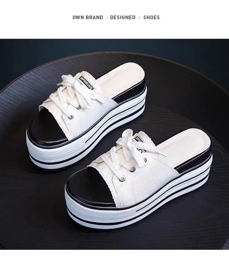 Fujin 9.5cm Super High Platform Flats Wedge Genuine Leather Women Summer Shoes Lace Up Open Toe Slides Slippers Mules Sandals