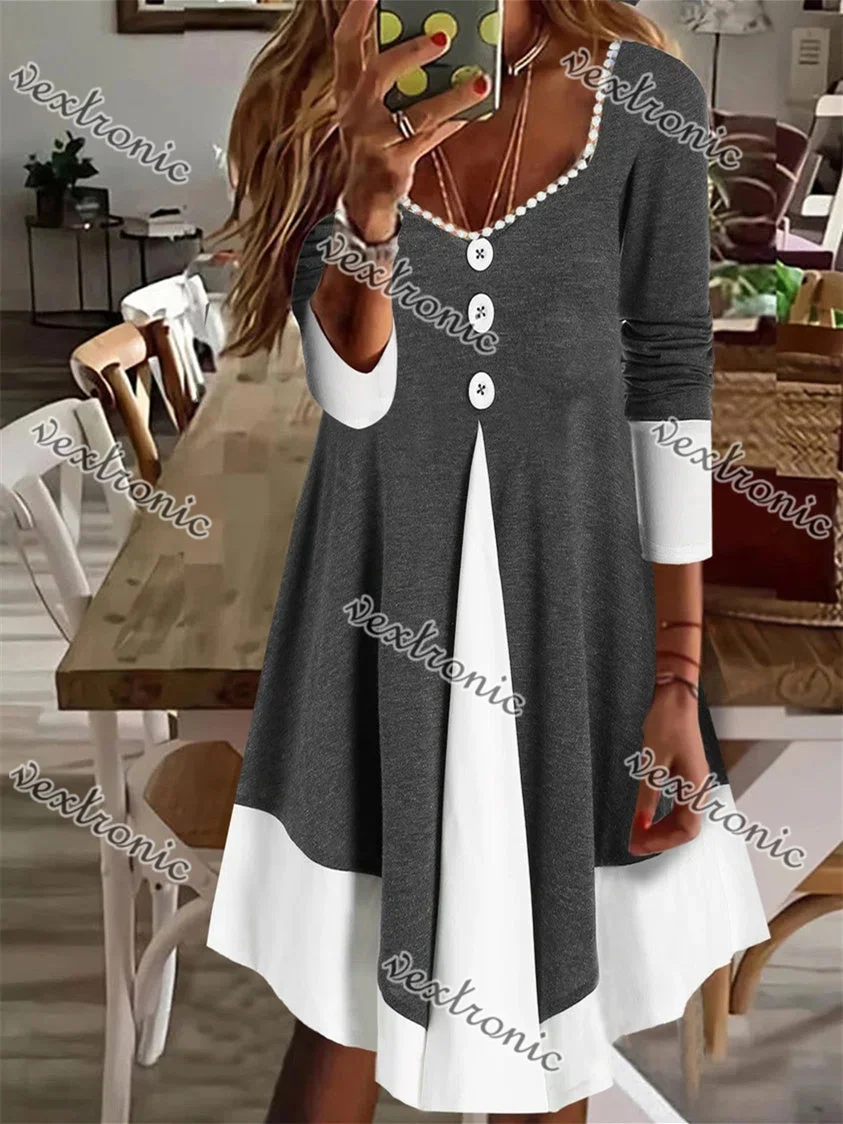 Women plus size clothing Women's Gray Long Sleeve V-neck Graphic Midi Dress-Nordswear