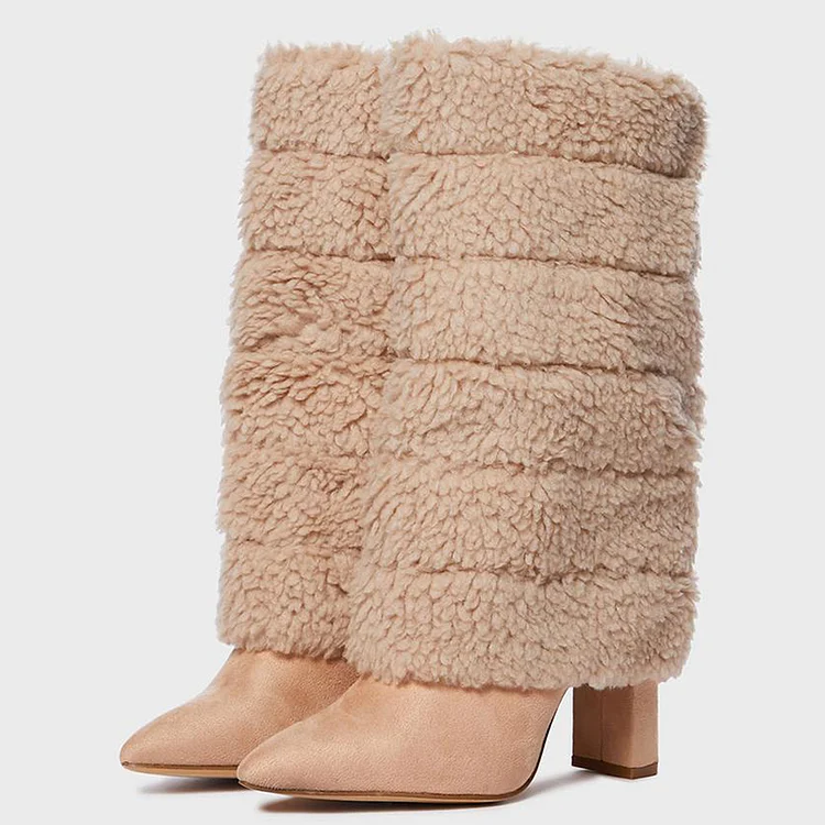 Khaki Faux Fur 4-inch Chunky Heel Fold Over Mid Calf Boots for Women |FSJ Shoes