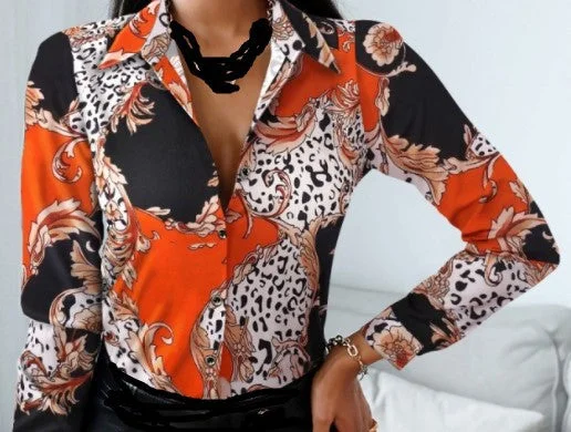 Uveng Long Sleeve V-neck Color-block Retro Shirt Top