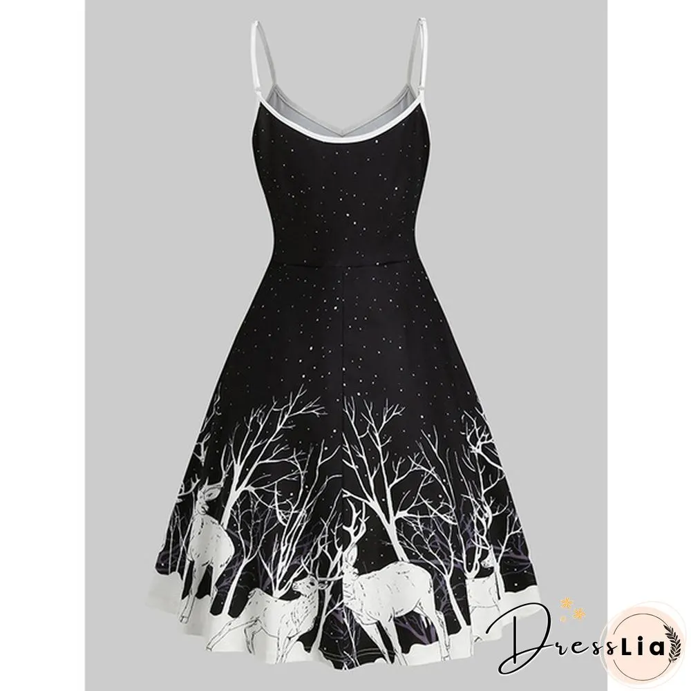 Christmas Deer Print Spaghetti Strap Dress Fashion Print Skater Dresses