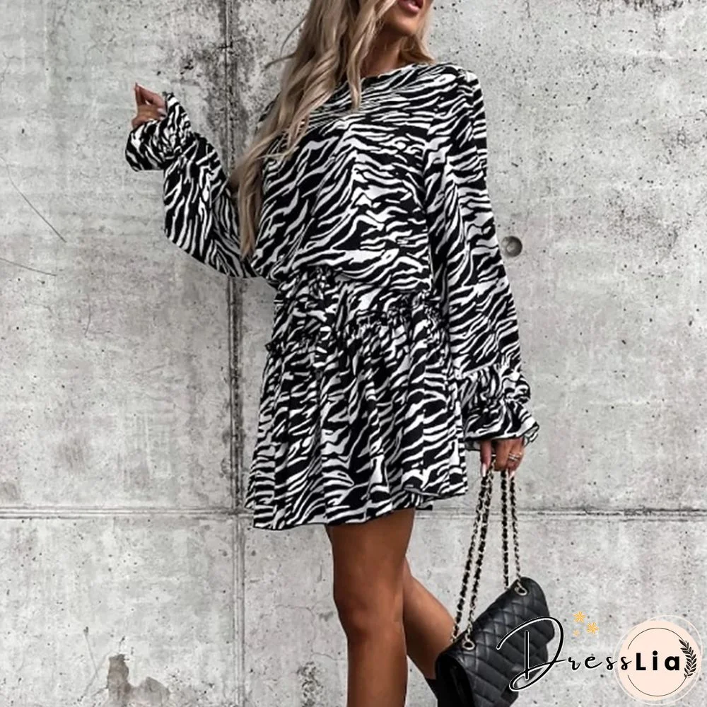 Elegant Zebra Print Draped A-Line Dress Autumn Women Casual O-neck Long Sleeve Mini Dress Spring Fashion Loose Party Dress