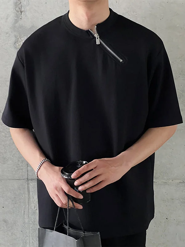 Aonga - Mens Solid Zip Design Crew Neck T-Shirt K