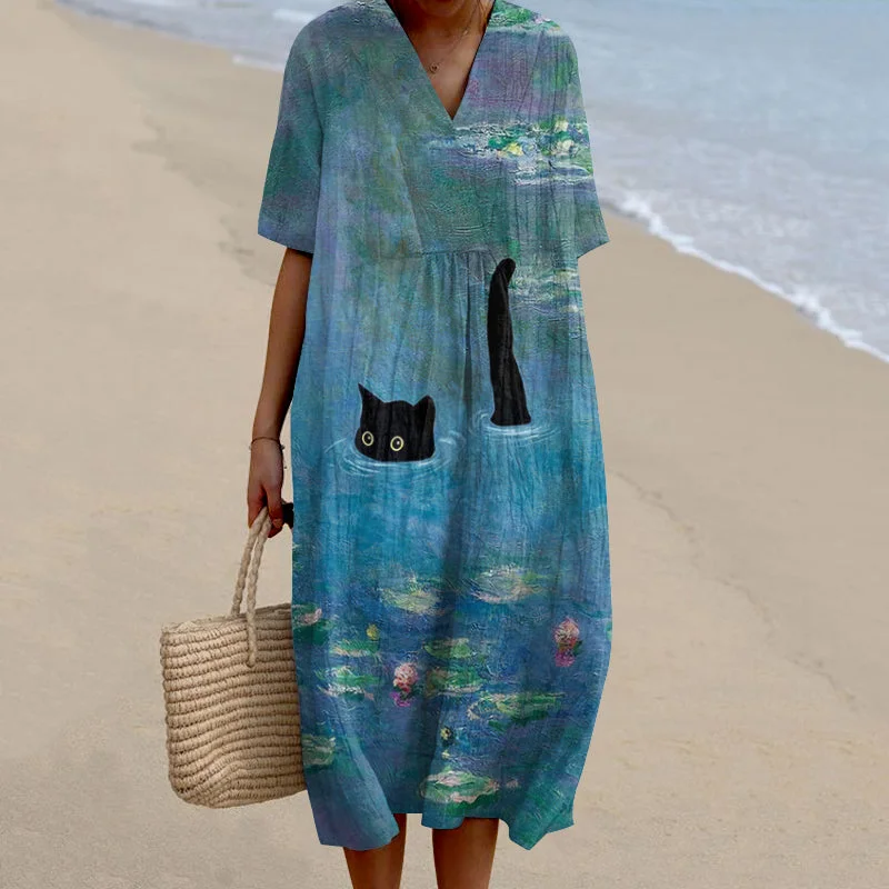 Women's Lotus Black Cat Print Casual Midi Dress
