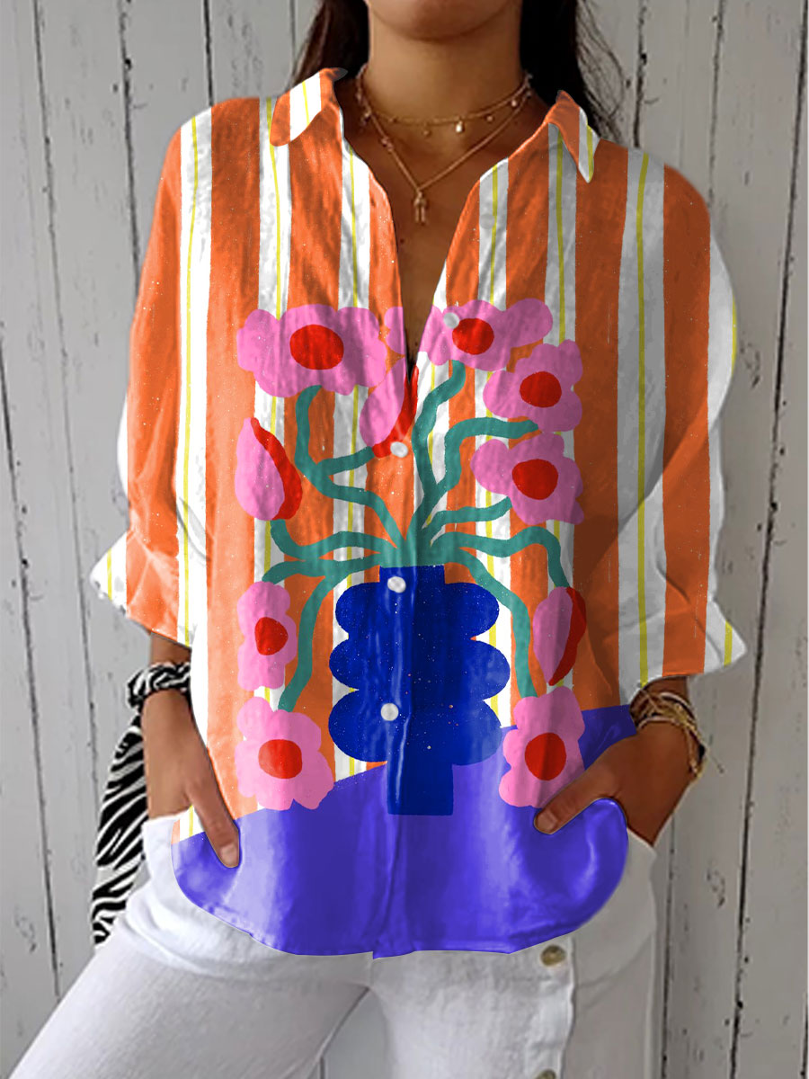 Women's Bright Floral Stripe Art Print Casual Linen V-neck Shirt