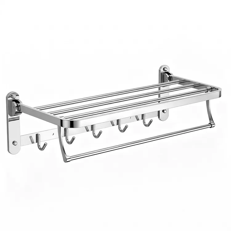 EVERSTEIN 3-in-1 Wall Mounted Towel Rack with Shelf and Hooks Polished Chrome
