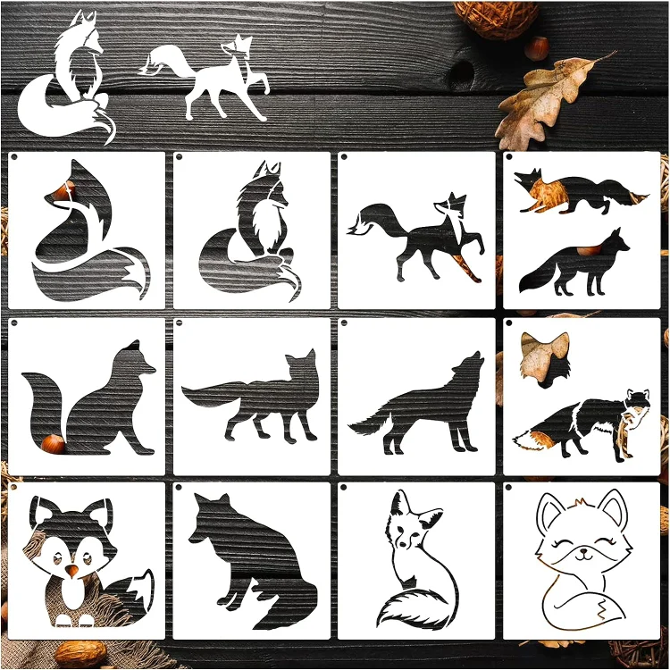 12pcs Stencil for Painting, Reusable Fox Animal Stencils Template Forest  Wildlife Wood Burning Stencils for Painting on Wood Wall DIY Crafts Canvas  Fabric Home Decor(Fox)