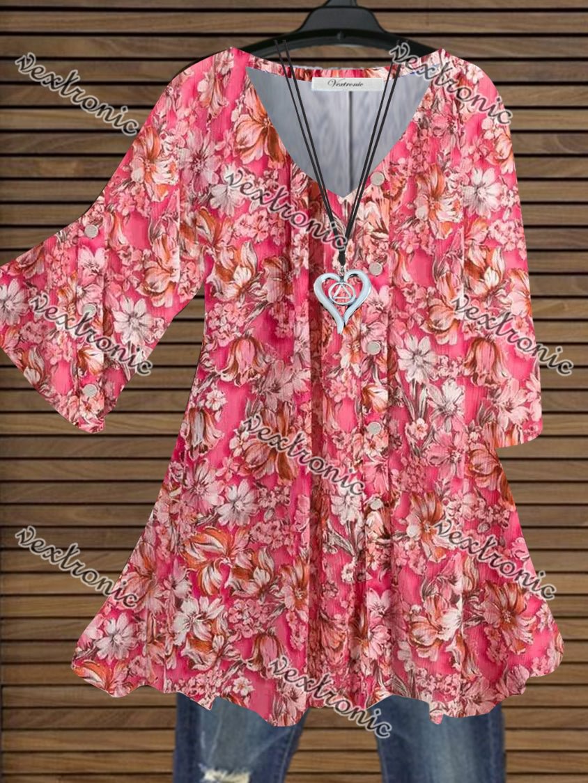 Women Half Sleeve V-neck Floral Printed Graphic Top Dress