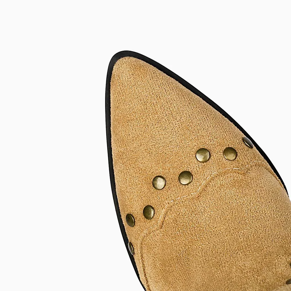 Tan Mid Block Heel Studded Pointed Toe Western Boots for Women
