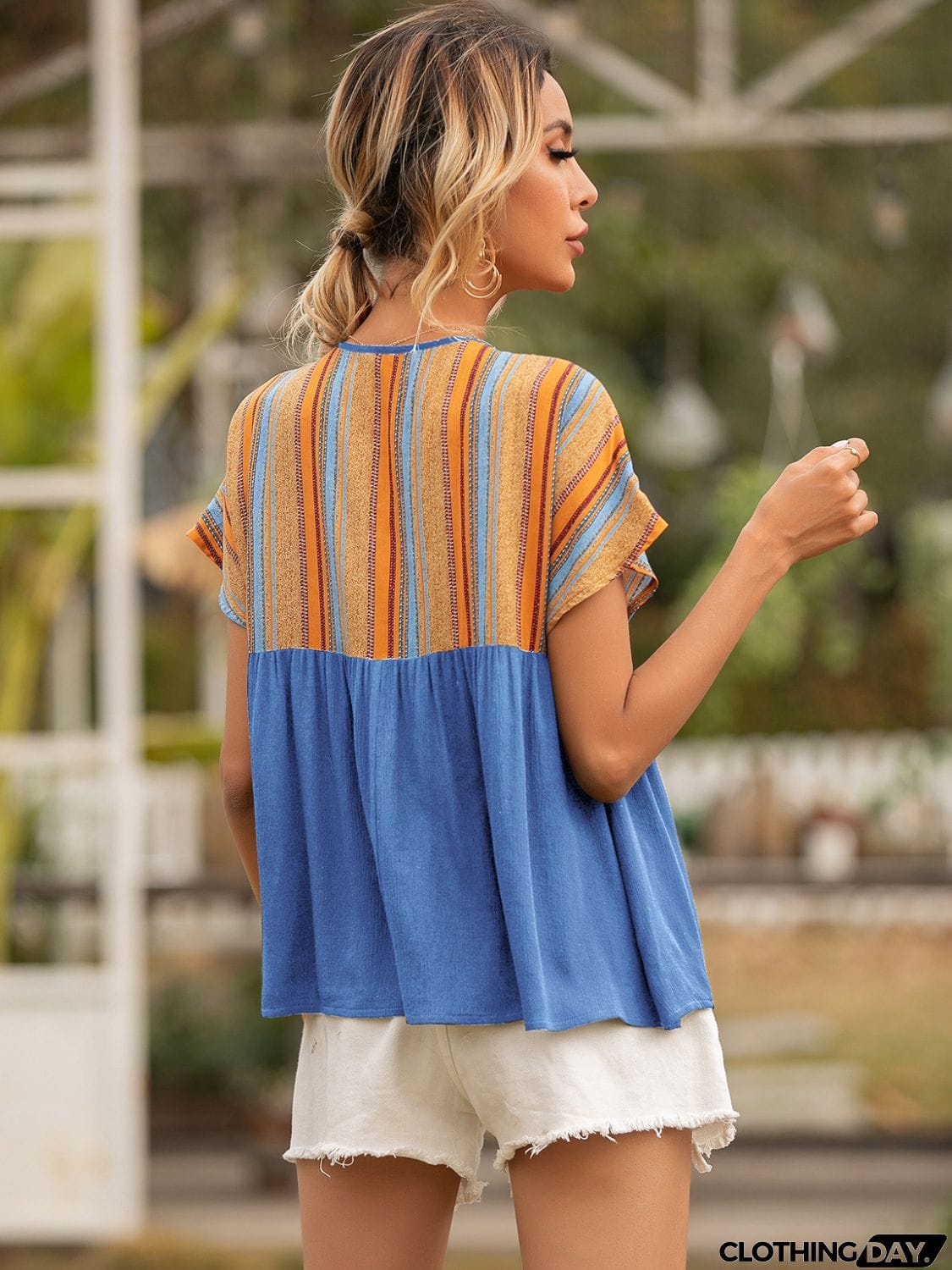 Striped Tie Neck Short Sleeve Blouse