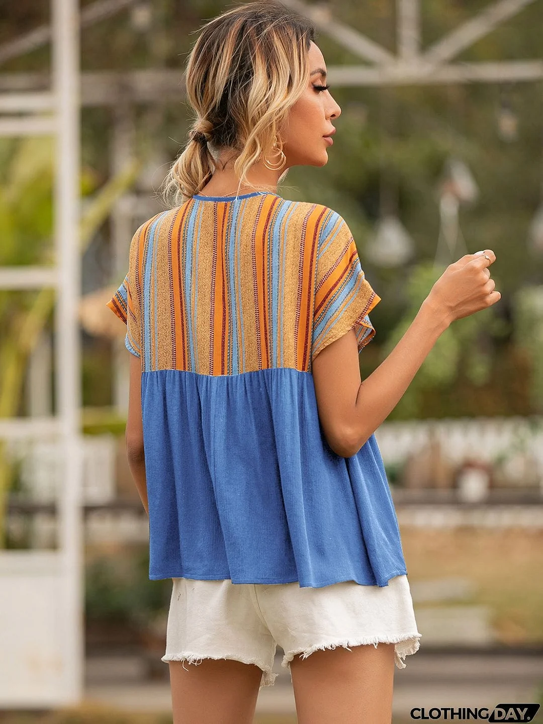 Striped Tie Neck Short Sleeve Blouse