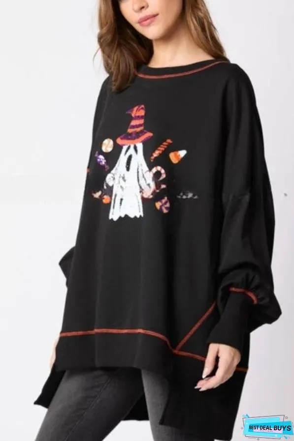Halloween Ghost Sequined Sweatshirt Embroidered Casual Top