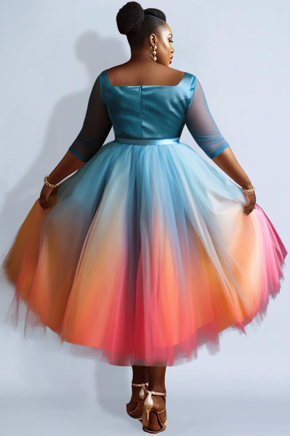 Design Plus Size Wedding Guest Elegant Blue Gradient V Neck Half Sleeve See Through Tulle Midi Dresses [Pre-Order]