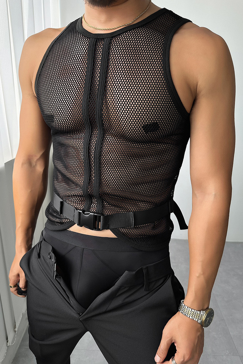 Ciciful Fishnet Mesh See-Through Buckle Belt Black Tank Top