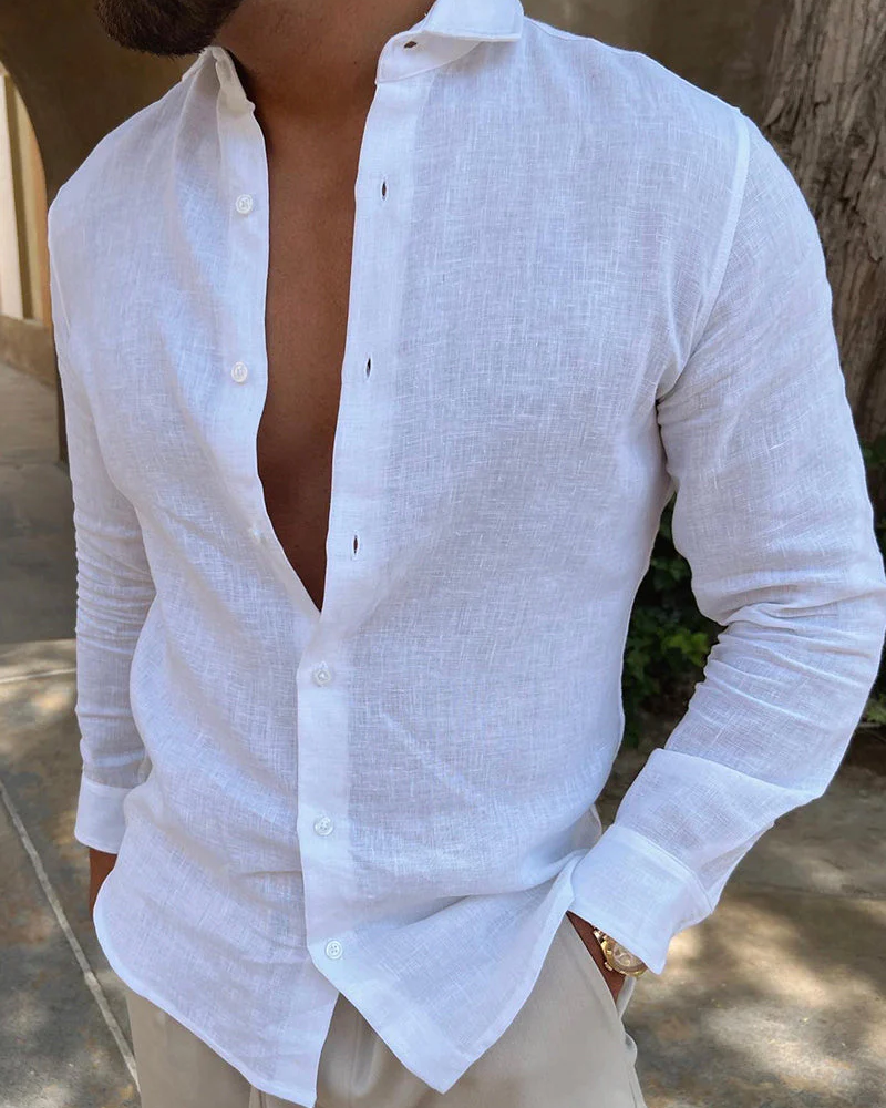 Men's white long sleeve cotton and linen shirt